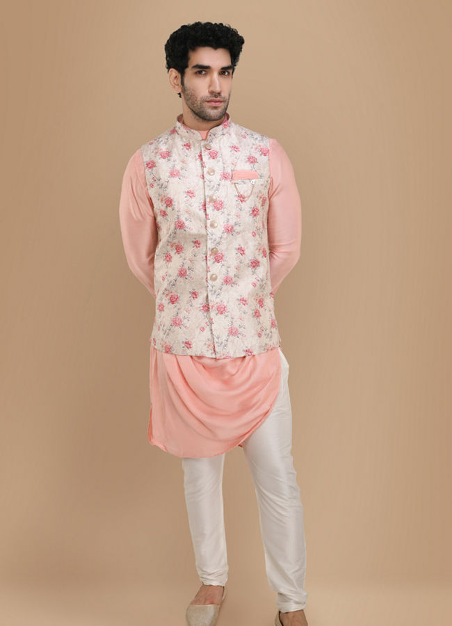 alt message - Manyavar Men Pink Draped Kurta Jacket Set image number 1